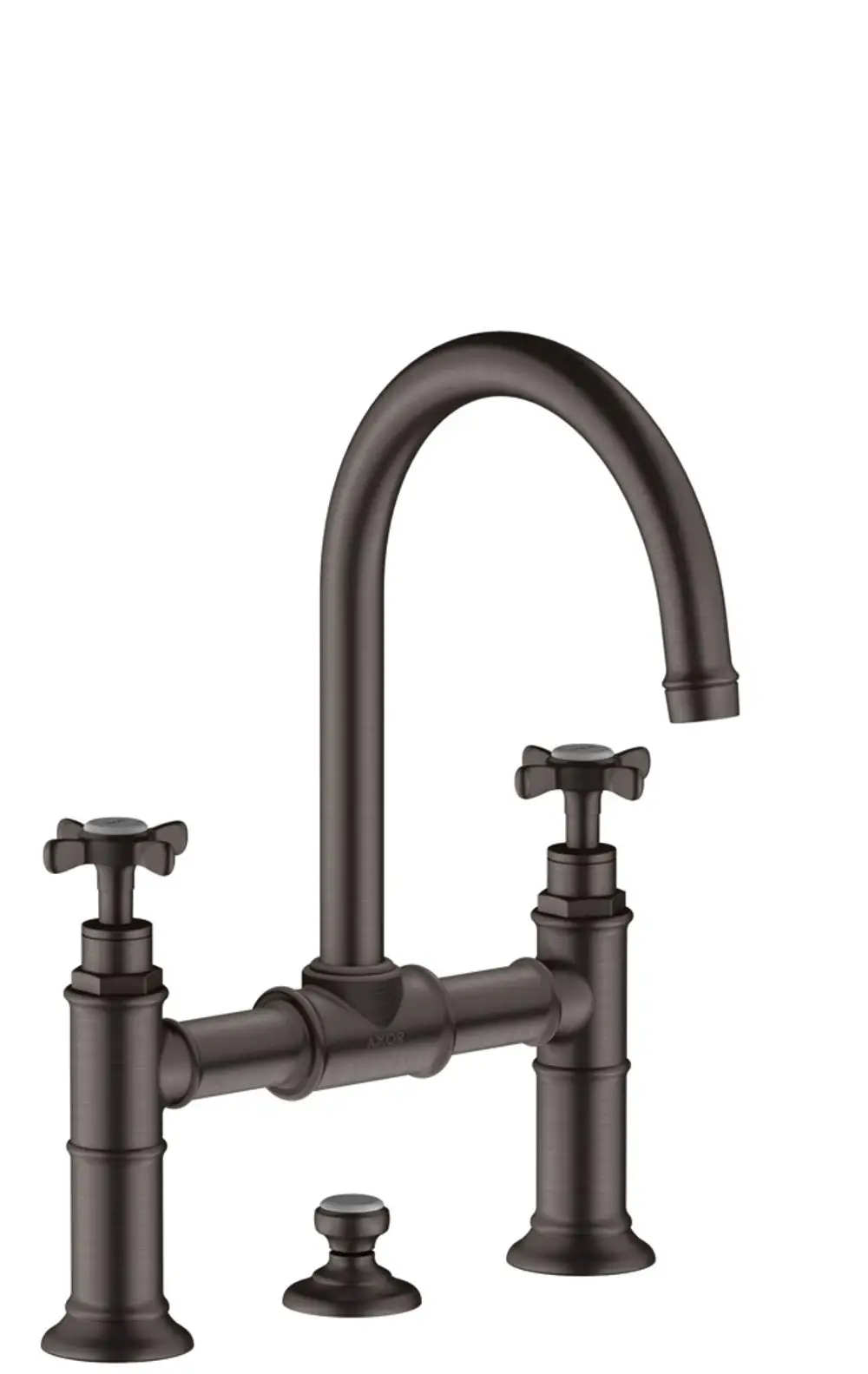 Wasserhahn mit zwei Kreuzgriffen in Brushed Black Chrome von AXOR. Der Hahn hat eine hohe, geschwungene Form und ist mit einer Zugstangen-Ablaufgarnitur ausgestattet.